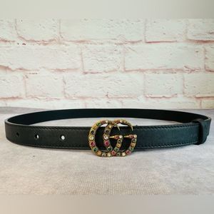 Gucci Gemstone Gg Double Marmont Crystal Black Leather Slim Belt 476438 75/30